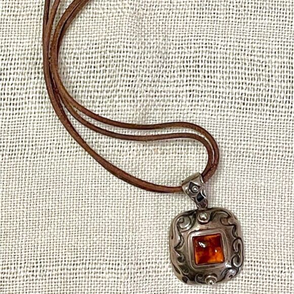 Retired Silpada Square Natural Amber Sterling Silver Slide Silpada Leather Cord - Picture 3 of 16